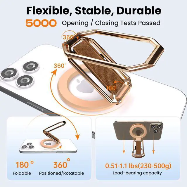 Alt view image 4 of 7 - Multi-Functional Magnetic Phone Grip Kickstand for MagSafe, Phone Holder for Hand, Foldable Ring Stand with Finger Loop Strap for Bedtime Scrolling & On-the-Go, Wireless Charging Compatible, Rose Gold