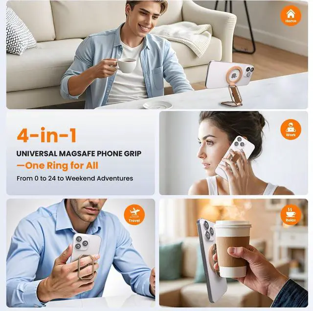 Alt view image 5 of 7 - Multi-Functional Magnetic Phone Grip Kickstand for MagSafe, Phone Holder for Hand, Foldable Ring Stand with Finger Loop Strap for Bedtime Scrolling & On-the-Go, Wireless Charging Compatible, Rose Gold