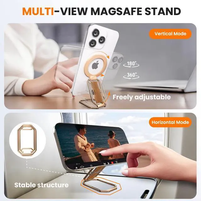 Alt view image 6 of 7 - Multi-Functional Magnetic Phone Grip Kickstand for MagSafe, Phone Holder for Hand, Foldable Ring Stand with Finger Loop Strap for Bedtime Scrolling & On-the-Go, Wireless Charging Compatible, Rose Gold