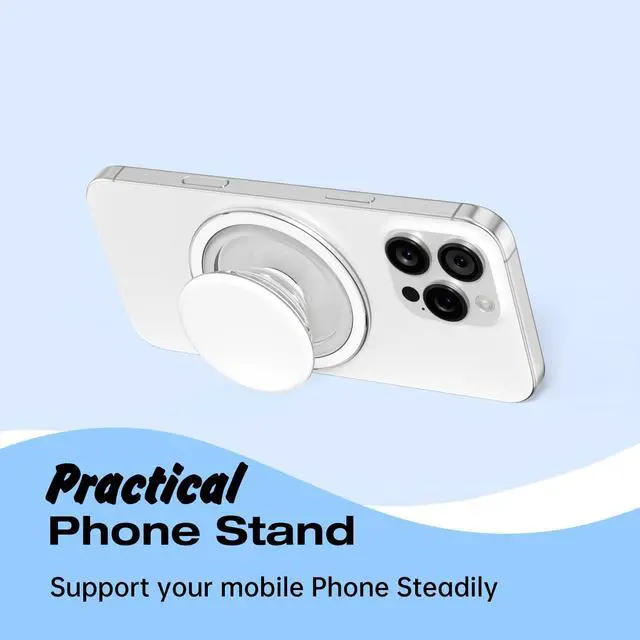 Alt view image 6 of 7 - Magnetic Cell Phone Grip Compatible with Magsafe, Collapsible Phone Stand Holder Round Expanding Kickstand for iPhone Samsung Mobile Phones, Cute Soft Silicone Glossy Jelly, White