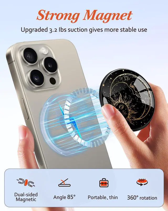 Alt view image 3 of 6 - Magnetic Phone Grip Compatible with MagSafe - Magnet Phone Grip Stand Magnetic Removable Finger Ring Holder Kickstand Cute Magnet Accessories for iPhone 17 16 15 14 13 12 Series, Sun Moon