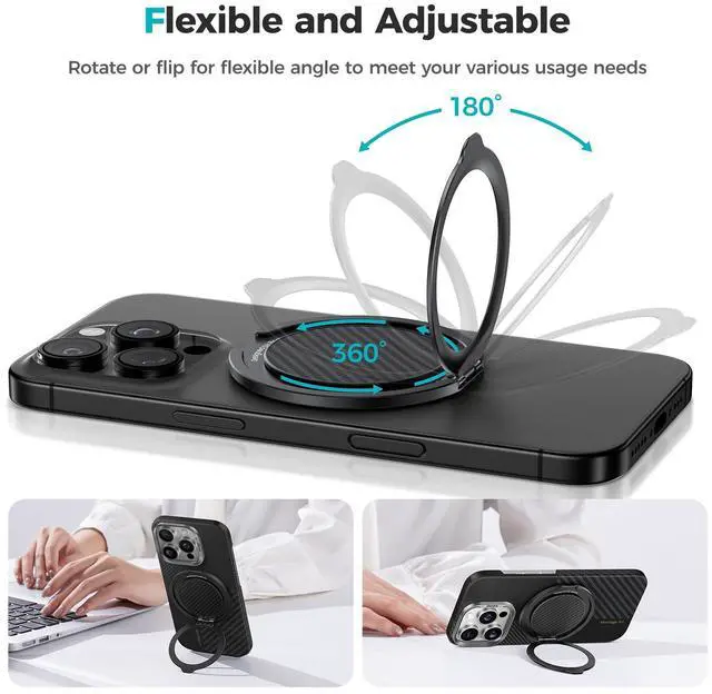 Alt view image 3 of 7 - Magnetic Phone Grip & Stand for MagSafe, 360° Rotation Adjustable Phone Ring Holder for iPhone 17/16/15/14/13/12 Series, Durable Kevlar Design