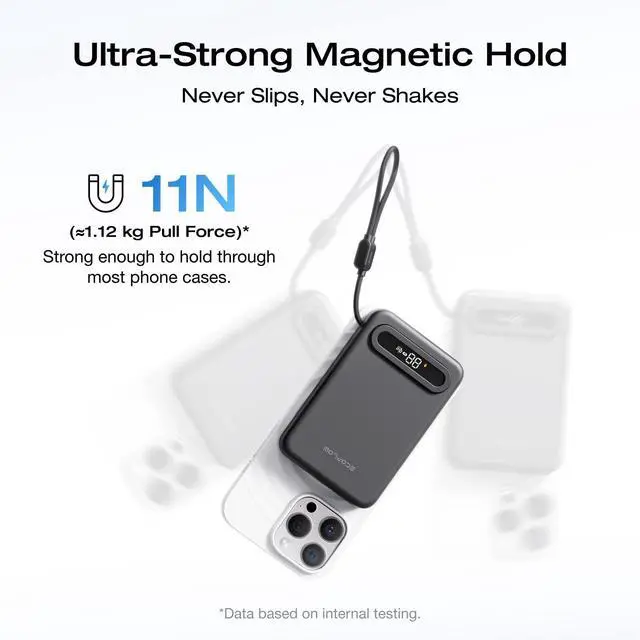 Alt view image 4 of 7 - Rapid Mag Power Bank, Qi2.2 25W MagSafe-Compatible Portable Charger, 10,000mAh Magnetic Power Charger with Built-in USB-C Cable and Foldable Stand, for iPhone 17/16/15