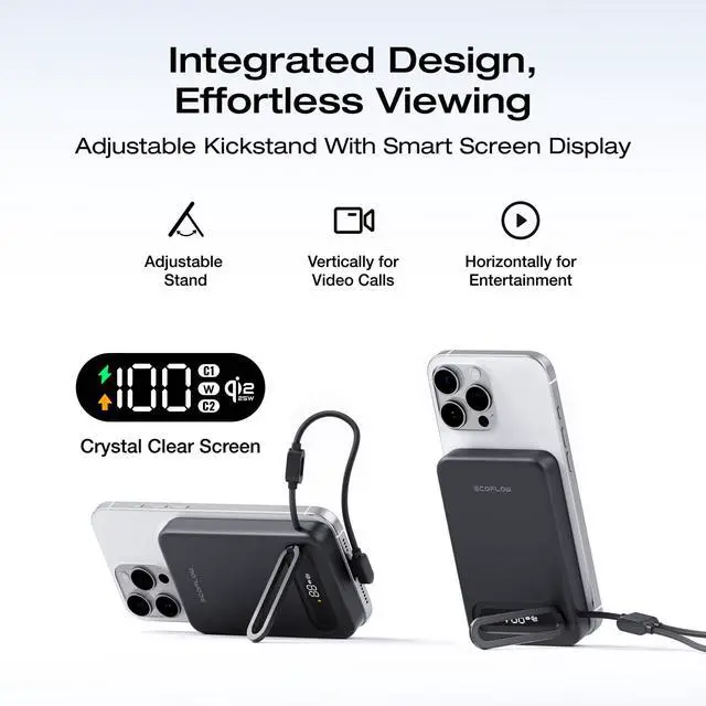 Alt view image 6 of 7 - Rapid Mag Power Bank, Qi2.2 25W MagSafe-Compatible Portable Charger, 10,000mAh Magnetic Power Charger with Built-in USB-C Cable and Foldable Stand, for iPhone 17/16/15