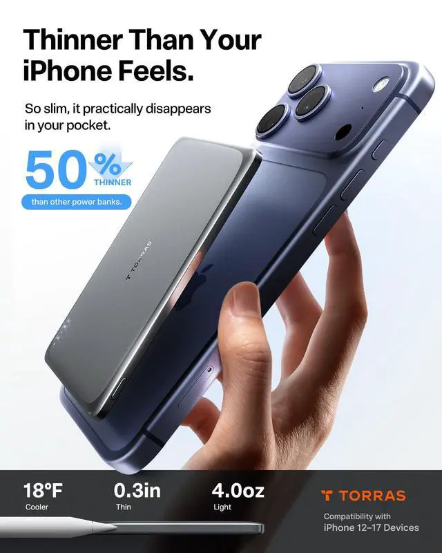 Alt view image 2 of 7 - MiniMag Pro Power Bank, Ultra Slim Semi Solid-State Portable Charger, Wireless 5,000mAh Magnetic Battery Pack, Fast Charging, Travel Essential for iPhone 17/16/15/14/13/12, Infinite Grey
