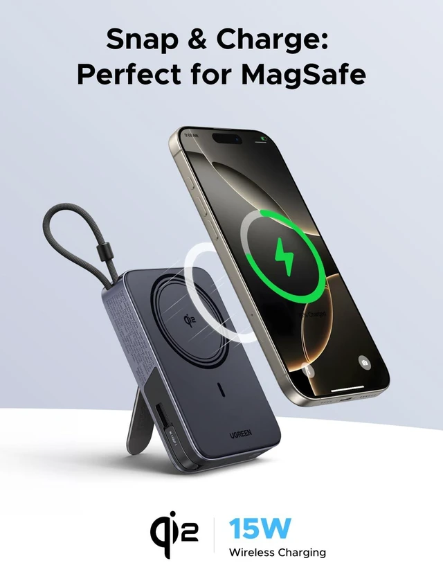 Alt view image 2 of 7 - UGREEN Magsafe Power Bank with Stand, 10000mAh Qi2 15W Portable Charger | Foldable Wireless Power Bank with PD 30W Fast Charging, Magnetic Power Bank for iphone