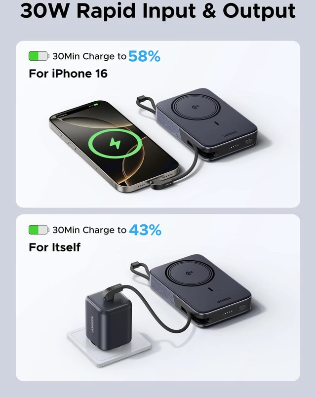 Alt view image 3 of 7 - UGREEN Magsafe Power Bank with Stand, 10000mAh Qi2 15W Portable Charger | Foldable Wireless Power Bank with PD 30W Fast Charging, Magnetic Power Bank for iphone