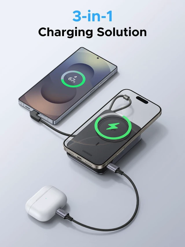 Alt view image 6 of 7 - UGREEN Magsafe Power Bank with Stand, 10000mAh Qi2 15W Portable Charger | Foldable Wireless Power Bank with PD 30W Fast Charging, Magnetic Power Bank for iphone