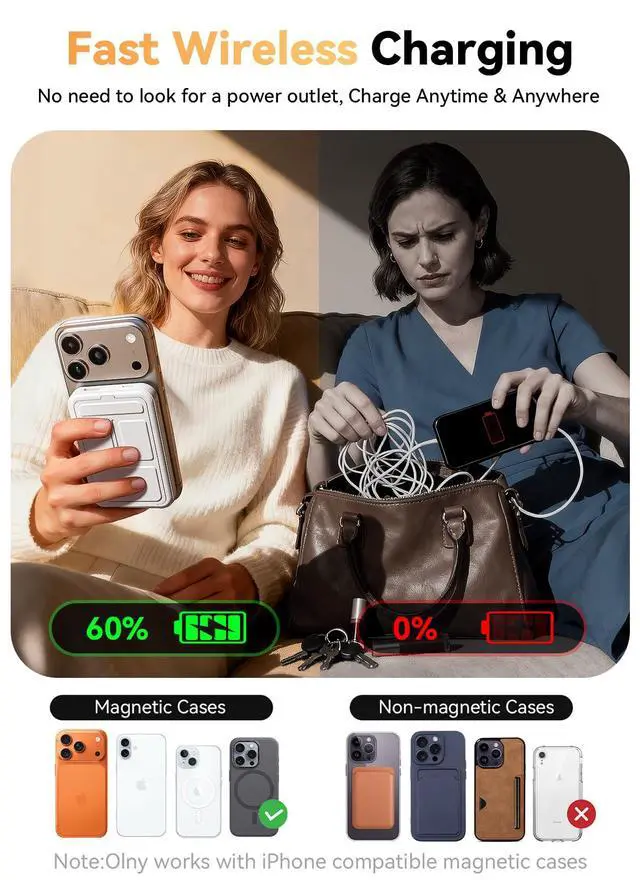 Alt view image 3 of 7 - Magnetic Portable Charger, 10000mAh Power Bank with Leather Foldable Stand - Travel Essentials, USB-C 20W Fast Charging for Magsafe Battery Pack, Compatible with iPhone 17/16/15 All Series