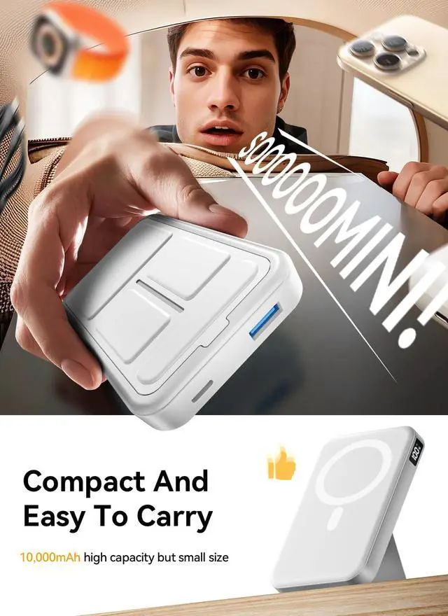 Alt view image 6 of 7 - Magnetic Portable Charger, 10000mAh Power Bank with Leather Foldable Stand - Travel Essentials, USB-C 20W Fast Charging for Magsafe Battery Pack, Compatible with iPhone 17/16/15 All Series