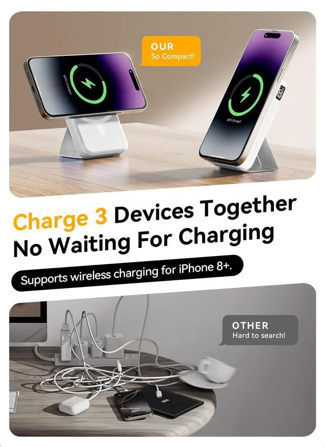 Alt view image 5 of 7 - Magnetic Portable Charger, 10000mAh Power Bank with Leather Foldable Stand - Travel Essentials, USB-C 20W Fast Charging for Magsafe Battery Pack, Compatible with iPhone 17/16/15 All Series