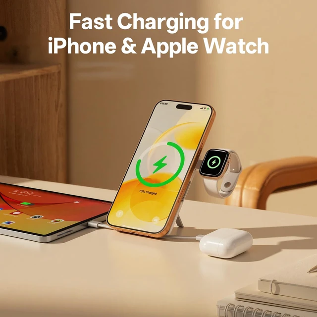 Alt view image 2 of 6 - Magnetic Wireless Portable Charger 10,000mAh, Travel Essentials Power Bank with Built-in Cables & Foldable Stand, External Battery Pack Compatible with iPhone 17/16/15/14/13/12, Apple Watch
