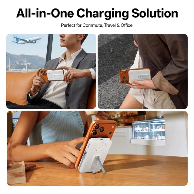 Alt view image 4 of 6 - Magnetic Wireless Portable Charger 10,000mAh, Travel Essentials Power Bank with Built-in Cables & Foldable Stand, External Battery Pack Compatible with iPhone 17/16/15/14/13/12, Apple Watch