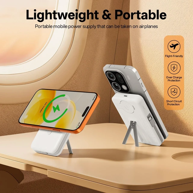 Alt view image 3 of 6 - Magnetic Wireless Portable Charger 10,000mAh, Travel Essentials Power Bank with Built-in Cables & Foldable Stand, External Battery Pack Compatible with iPhone 17/16/15/14/13/12, Apple Watch