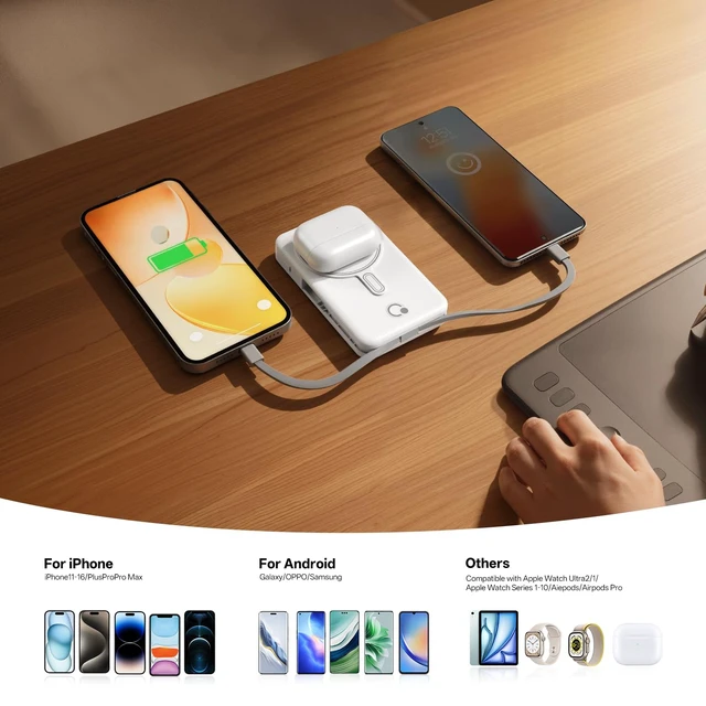 Alt view image 5 of 6 - Magnetic Wireless Portable Charger 10,000mAh, Travel Essentials Power Bank with Built-in Cables & Foldable Stand, External Battery Pack Compatible with iPhone 17/16/15/14/13/12, Apple Watch