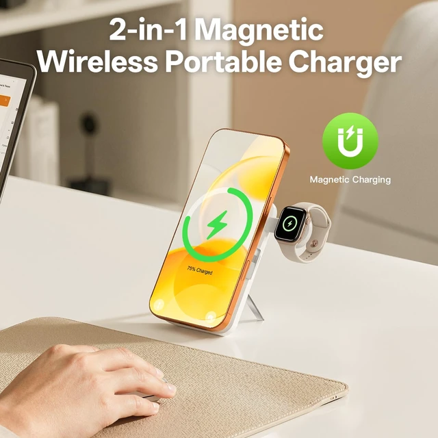 Alt view image 6 of 6 - Magnetic Wireless Portable Charger 10,000mAh, Travel Essentials Power Bank with Built-in Cables & Foldable Stand, External Battery Pack Compatible with iPhone 17/16/15/14/13/12, Apple Watch