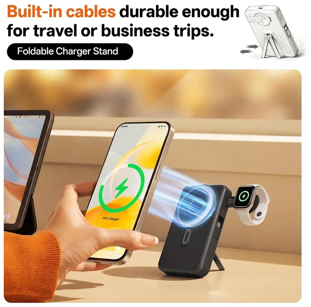 Alt view image 2 of 6 - Magnetic Wireless Portable Charger 10,000mAh, Travel Essentials Power Bank with Built-in Cables & Foldable Stand, External Battery Pack Compatible with iPhone 17/16/15/14/13/12, Apple Watch