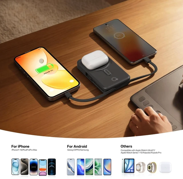 Alt view image 5 of 6 - Magnetic Wireless Portable Charger 10,000mAh, Travel Essentials Power Bank with Built-in Cables & Foldable Stand, External Battery Pack Compatible with iPhone 17/16/15/14/13/12, Apple Watch