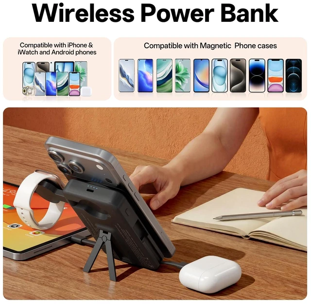 Alt view image 4 of 6 - Magnetic Wireless Portable Charger 10,000mAh, Travel Essentials Power Bank with Built-in Cables & Foldable Stand, External Battery Pack Compatible with iPhone 17/16/15/14/13/12, Apple Watch