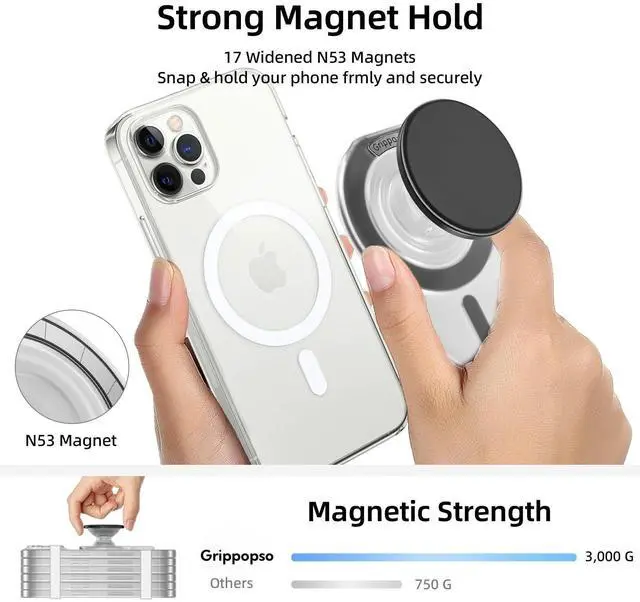 Alt view image 2 of 7 - for Magsafe Phone Grip, Magnetic Phone Grip Holder with Adjustable Stand, Magneticc Collapsible Phone Grip Stand Holder for Magnetic Sockket, for iPhone 17 16 15 14 13 12 Series, Clear White