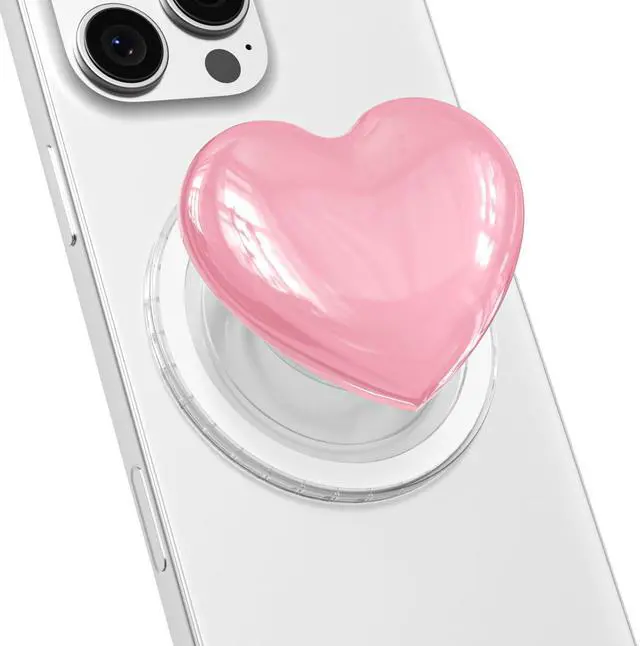 Main image of Heart Magnetic Phone Grip Compatible with Magsafe Phone Grip Holder, Cute Collapsible Glass Grips Stand Kickstand for iPhone Samsung, 3D Crystal Pretty Glitter Love Mag Safe Holder, Light Pink