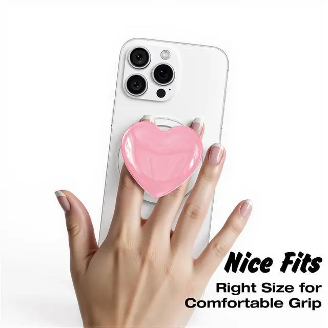 Alt view image 4 of 7 - Heart Magnetic Phone Grip Compatible with Magsafe Phone Grip Holder, Cute Collapsible Glass Grips Stand Kickstand for iPhone Samsung, 3D Crystal Pretty Glitter Love Mag Safe Holder, Light Pink