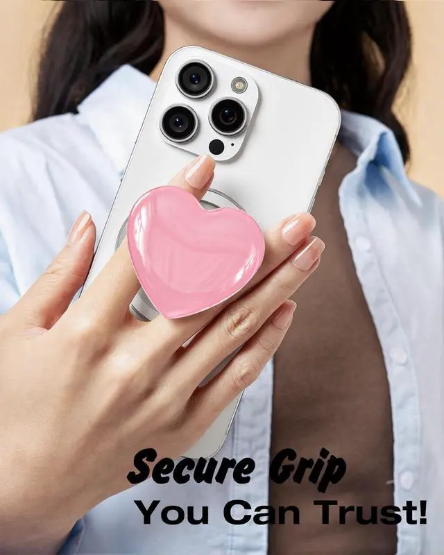 Alt view image 7 of 7 - Heart Magnetic Phone Grip Compatible with Magsafe Phone Grip Holder, Cute Collapsible Glass Grips Stand Kickstand for iPhone Samsung, 3D Crystal Pretty Glitter Love Mag Safe Holder, Light Pink