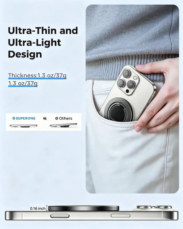 Alt view image 2 of 7 - Upgraded Ultra-Thin Magnetic Phone Grip for MagSafe Ring Holder, Removable Gym Dual-Sided Magnets MagSafe Kickstand for iPhone 17/16/15/14/13/12 & All Smartphones, Fit Magnetic Car Mount