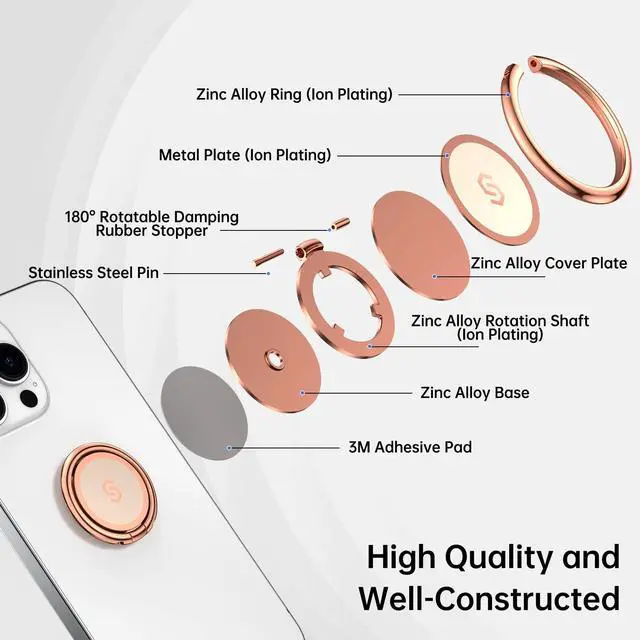 Alt view image 2 of 7 - Cell Phone Ring Holder Stand, 360 Degree Rotation Finger Ring Kickstand with Polished Metal Phone Grip for Magnetic Car Mount Compatible with iPhone, Samsung, LG, Pixel - Rose Gold