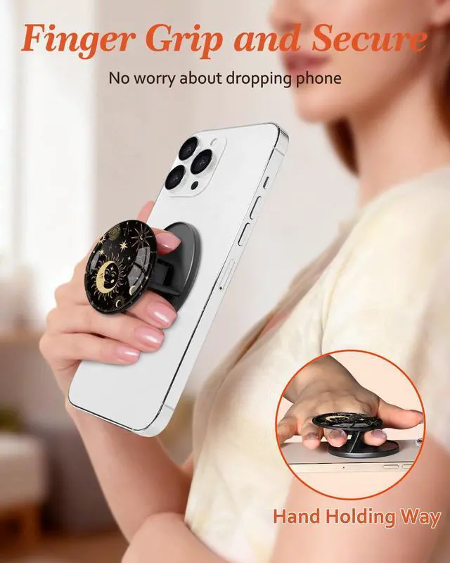 Alt view image 2 of 6 - Magnetic Phone Grip Compatible with Magsafe - Cell Phone Grip Stand Magnetic Ring Holder Finger Kickstand for iPhone 16 15 14 13 12 Series Magnet Removable Accessories Cute Black Sun Moon