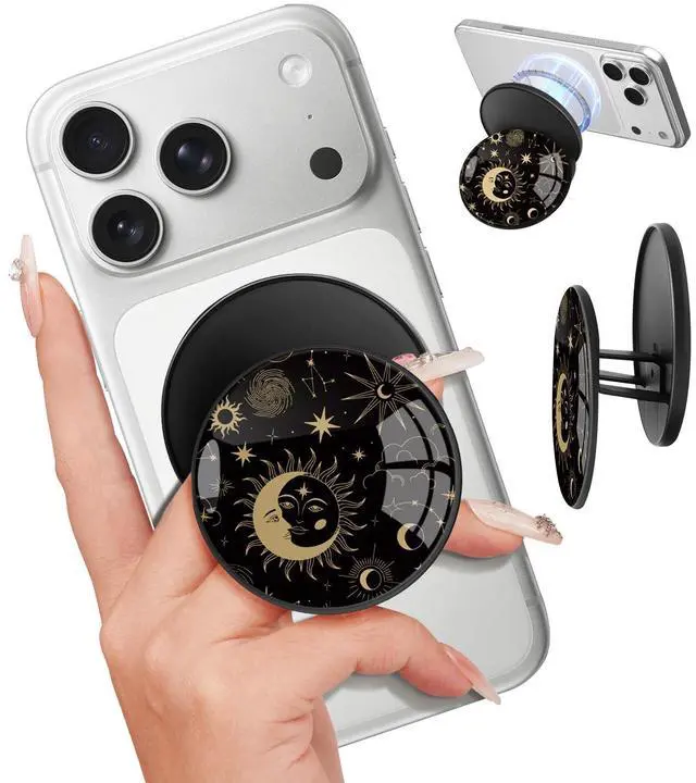 Main image of Magnetic Phone Grip Compatible with Magsafe - Cell Phone Grip Stand Magnetic Ring Holder Finger Kickstand for iPhone 16 15 14 13 12 Series Magnet Removable Accessories Cute Black Sun Moon