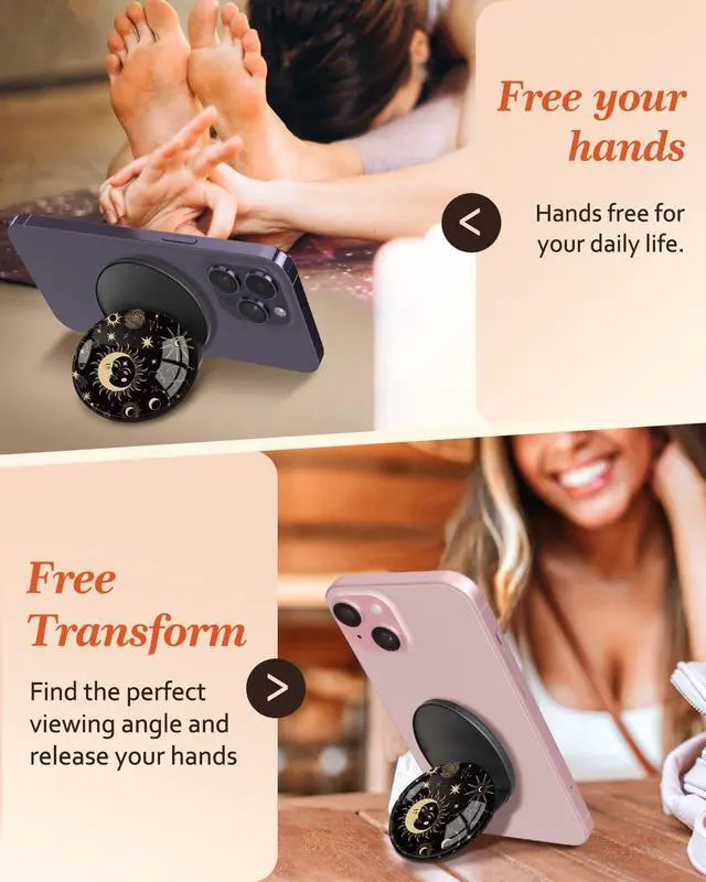 Alt view image 4 of 6 - Magnetic Phone Grip Compatible with Magsafe - Cell Phone Grip Stand Magnetic Ring Holder Finger Kickstand for iPhone 16 15 14 13 12 Series Magnet Removable Accessories Cute Black Sun Moon