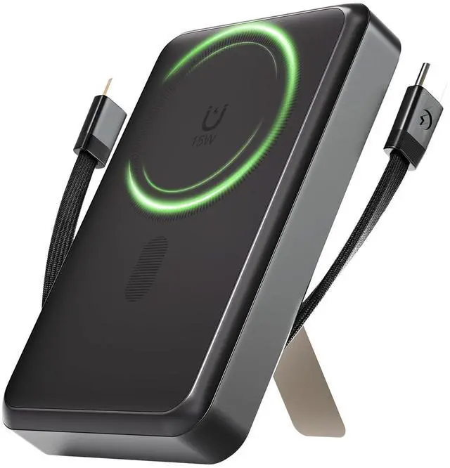 Main image of Magnetic Power Bank 10000mAh, 4-in-1 Portable Charger with Built-in USB-C/Lightning Cable Foldable Stand, 15W Fast Charging Wireless Battery Pack for Samsung, Android, iPhone, Travel Essential