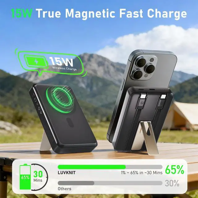 Alt view image 2 of 7 - Magnetic Power Bank 10000mAh, 4-in-1 Portable Charger with Built-in USB-C/Lightning Cable Foldable Stand, 15W Fast Charging Wireless Battery Pack for Samsung, Android, iPhone, Travel Essential