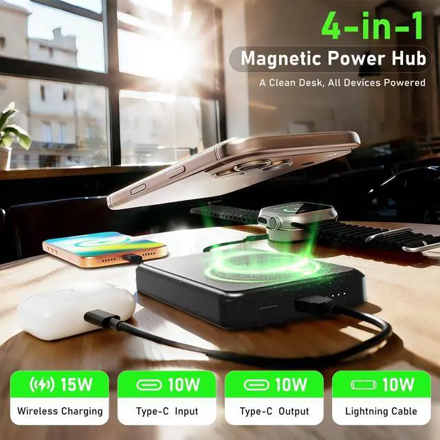 Alt view image 3 of 7 - Magnetic Power Bank 10000mAh, 4-in-1 Portable Charger with Built-in USB-C/Lightning Cable Foldable Stand, 15W Fast Charging Wireless Battery Pack for Samsung, Android, iPhone, Travel Essential