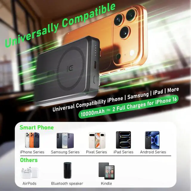 Alt view image 7 of 7 - Magnetic Power Bank 10000mAh, 4-in-1 Portable Charger with Built-in USB-C/Lightning Cable Foldable Stand, 15W Fast Charging Wireless Battery Pack for Samsung, Android, iPhone, Travel Essential
