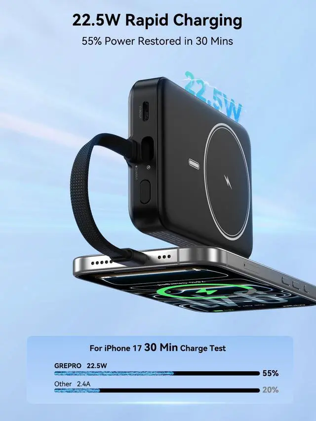 Alt view image 5 of 7 - Magnetic Portable Charger, 10000mAh Wireless Power Bank with a 22.5W USB-C Cable, for Magsafe Battery Pack, LED Display for iPhone 17/17 Air/17 Pro/17 Pro Max/16/15/14/13/12 Series, AirPods