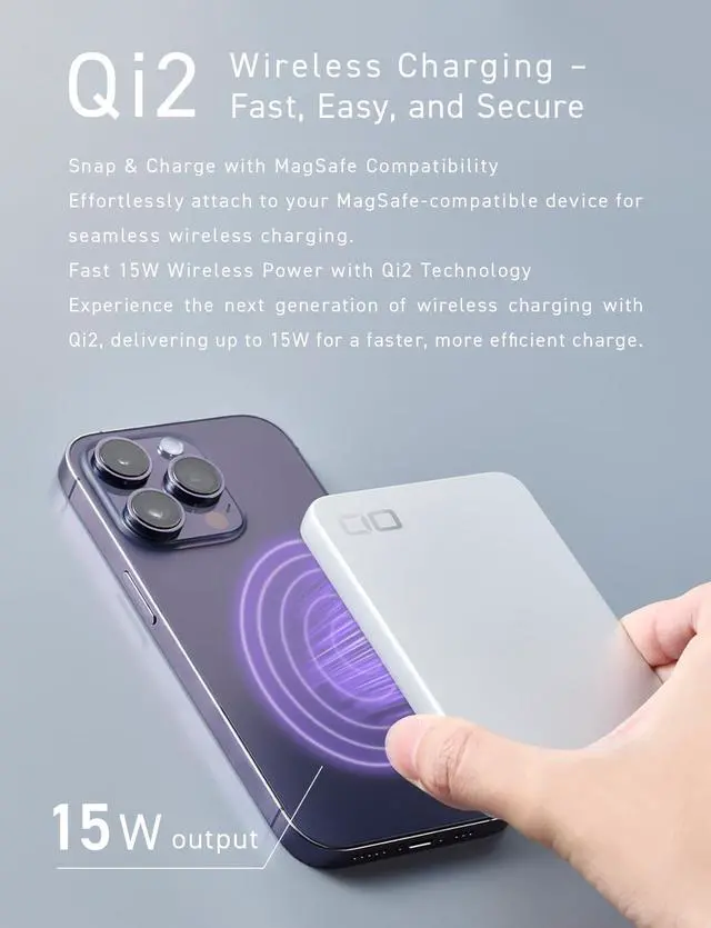 Alt view image 3 of 7 - CIO Qi2 Magsafe Charger, 5000mAh Ultra-Slim Magnetic Wireless Charger iPhone, Magsafe Battery Pack, 15W Wireless + 20W USB-C PD iPhone Magnetic Fast SMARTCOBY Slim 5K (Silver, Safety Model)