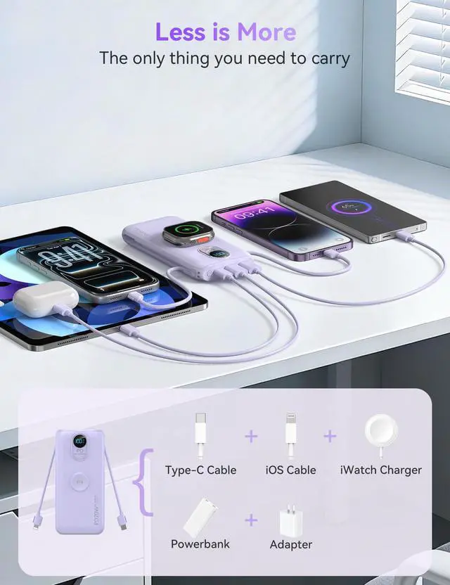 Alt view image 3 of 7 - Portable Charger, 10000mAh 20W Fast Charging Power Bank with Built in Cables & AC Wall Plug & LED Display, Travel Essentials Battery Pack Powerbank for iPhone, iPad, iWatch, Samsung, Purple