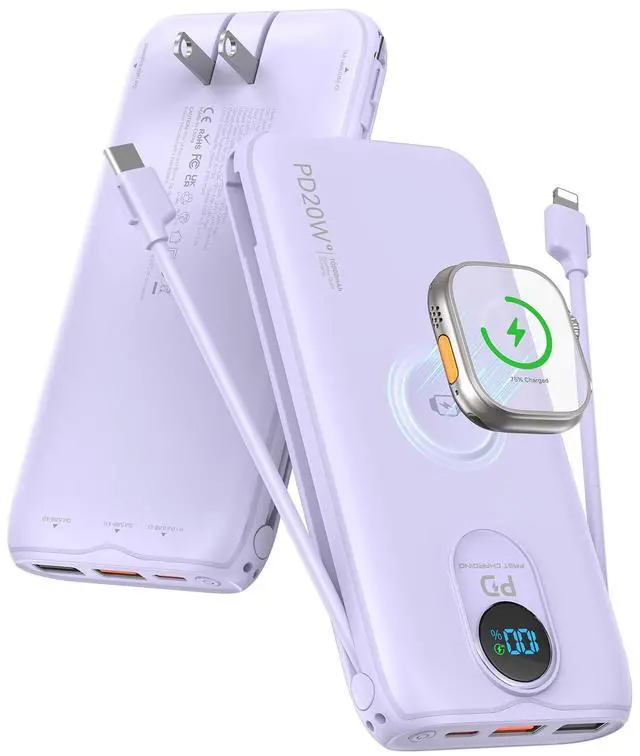 Main image of Portable Charger, 10000mAh 20W Fast Charging Power Bank with Built in Cables & AC Wall Plug & LED Display, Travel Essentials Battery Pack Powerbank for iPhone, iPad, iWatch, Samsung, Purple