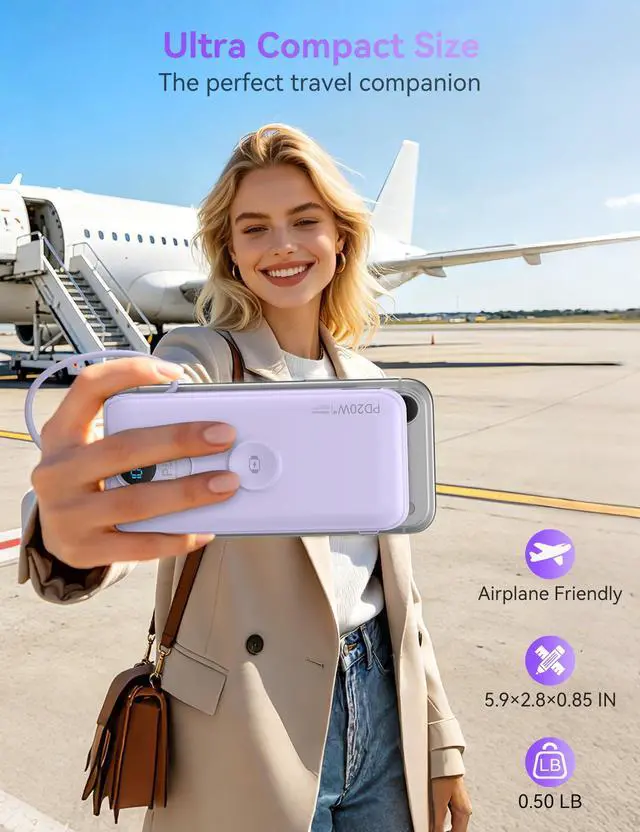 Alt view image 5 of 7 - Portable Charger, 10000mAh 20W Fast Charging Power Bank with Built in Cables & AC Wall Plug & LED Display, Travel Essentials Battery Pack Powerbank for iPhone, iPad, iWatch, Samsung, Purple