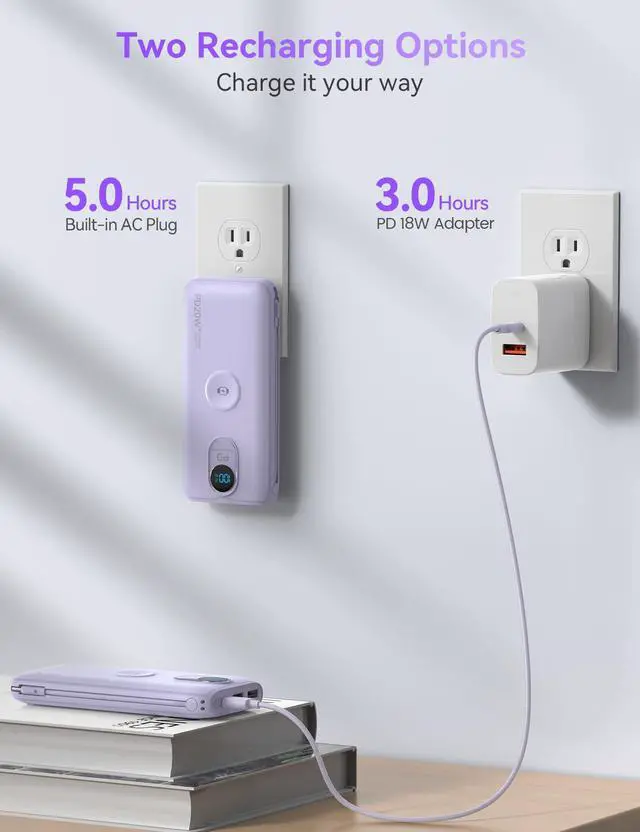Alt view image 6 of 7 - Portable Charger, 10000mAh 20W Fast Charging Power Bank with Built in Cables & AC Wall Plug & LED Display, Travel Essentials Battery Pack Powerbank for iPhone, iPad, iWatch, Samsung, Purple