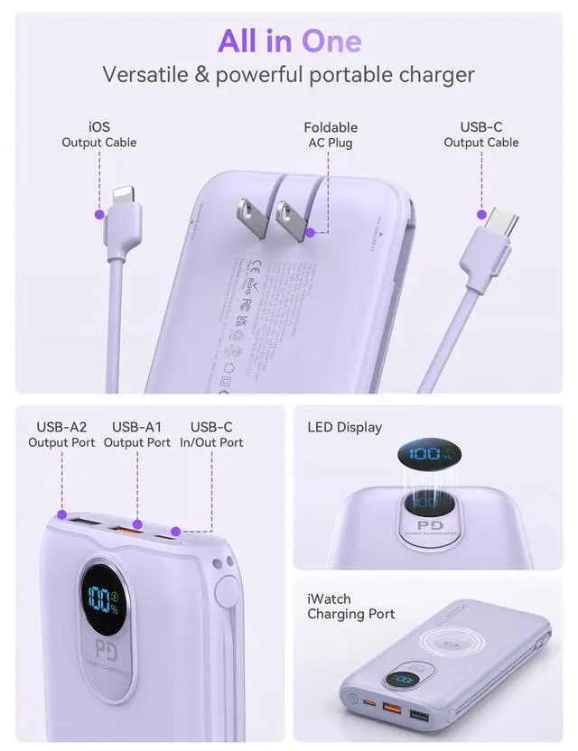 Alt view image 4 of 7 - Portable Charger, 10000mAh 20W Fast Charging Power Bank with Built in Cables & AC Wall Plug & LED Display, Travel Essentials Battery Pack Powerbank for iPhone, iPad, iWatch, Samsung, Purple