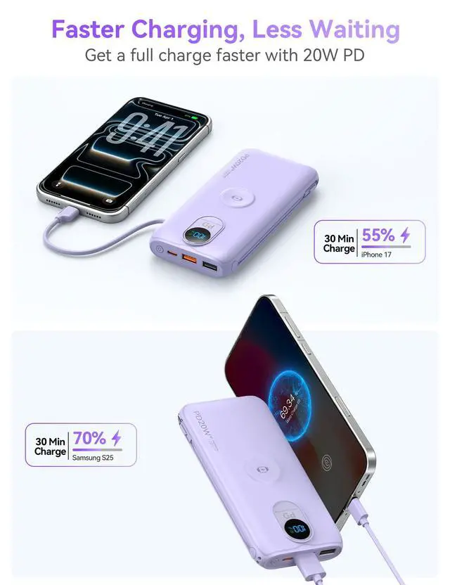 Alt view image 7 of 7 - Portable Charger, 10000mAh 20W Fast Charging Power Bank with Built in Cables & AC Wall Plug & LED Display, Travel Essentials Battery Pack Powerbank for iPhone, iPad, iWatch, Samsung, Purple