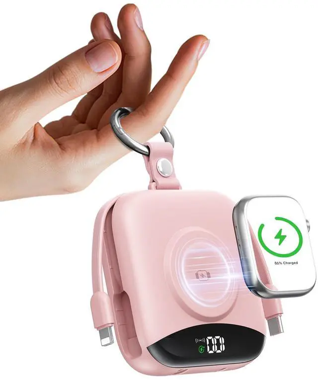 Main image of Portable Charger Power Bank, 10000mAh Fast Charging Power Bank with Built-in Cables, Travel Keychain Battery Pack with LED Display for iPhone Samsung Android iPad iWatch Charger 11/10/9/8/Ultra,Pink