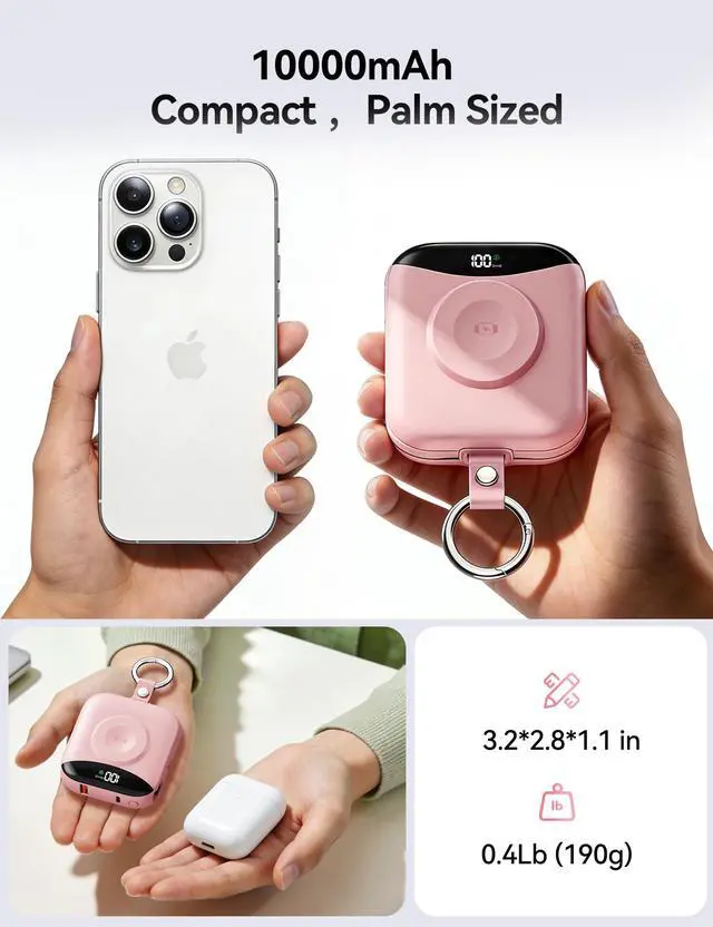 Alt view image 3 of 7 - Portable Charger Power Bank, 10000mAh Fast Charging Power Bank with Built-in Cables, Travel Keychain Battery Pack with LED Display for iPhone Samsung Android iPad iWatch Charger 11/10/9/8/Ultra,Pink