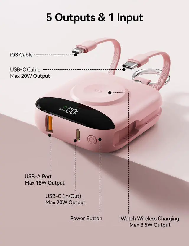 Alt view image 4 of 7 - Portable Charger Power Bank, 10000mAh Fast Charging Power Bank with Built-in Cables, Travel Keychain Battery Pack with LED Display for iPhone Samsung Android iPad iWatch Charger 11/10/9/8/Ultra,Pink