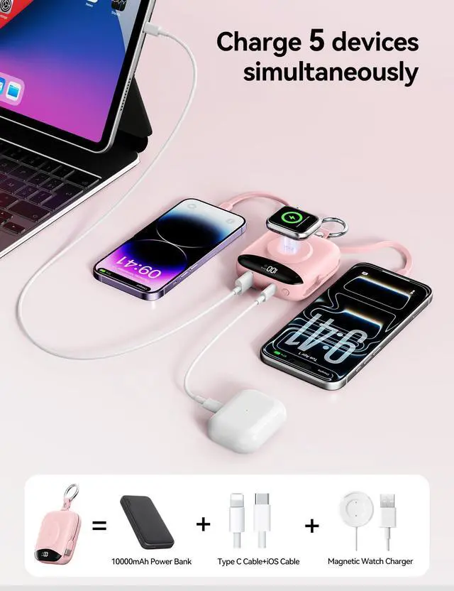 Alt view image 5 of 7 - Portable Charger Power Bank, 10000mAh Fast Charging Power Bank with Built-in Cables, Travel Keychain Battery Pack with LED Display for iPhone Samsung Android iPad iWatch Charger 11/10/9/8/Ultra,Pink