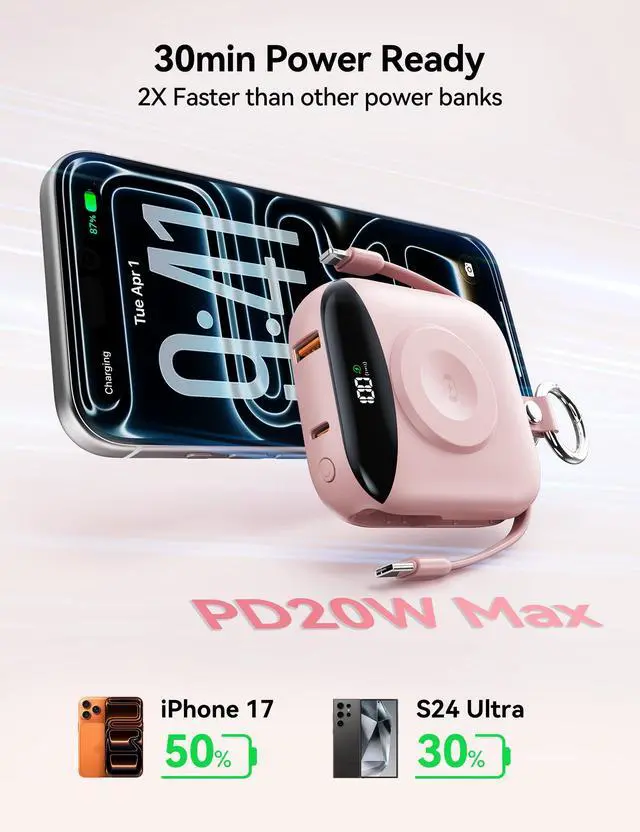 Alt view image 6 of 7 - Portable Charger Power Bank, 10000mAh Fast Charging Power Bank with Built-in Cables, Travel Keychain Battery Pack with LED Display for iPhone Samsung Android iPad iWatch Charger 11/10/9/8/Ultra,Pink