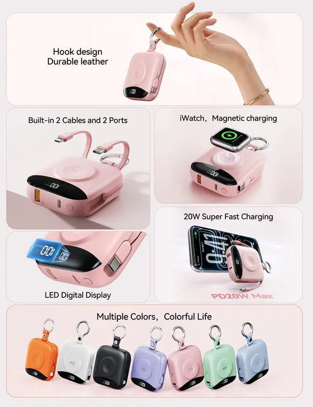 Alt view image 2 of 7 - Portable Charger Power Bank, 10000mAh Fast Charging Power Bank with Built-in Cables, Travel Keychain Battery Pack with LED Display for iPhone Samsung Android iPad iWatch Charger 11/10/9/8/Ultra,Pink